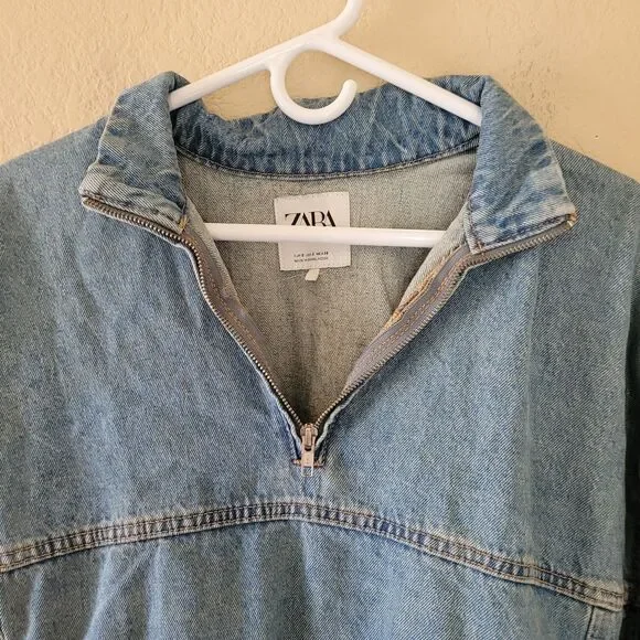 ZARA Womens Pullover Half Zip Collared Denim Jacket Size Small Blue Oversized - Picture 2 of 8